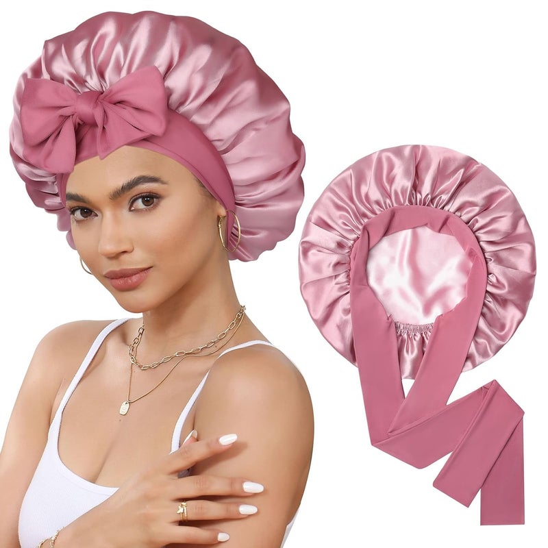 CHLINS Satin Bonnet for Sleeping Cap Double Layer Hair Bonnet with Elastic Tie Band for Curly Hair Night Cap (Bean Paste + Pink) - Image 1